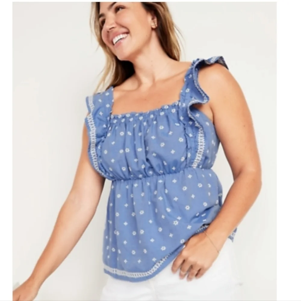 NWT Old Navy Embroidered Print Ruffle Babydoll Top - Picture 2 of 7